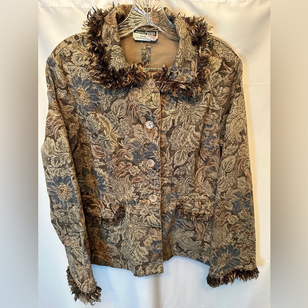 Vintage 90s Gotcha Covered Size Large Floral‎ Blazer Fringe Neck Cuffs Tapestry